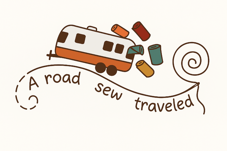 Illustration of a retro camper with sewing materials and text 'A road sew traveled' on a white background.